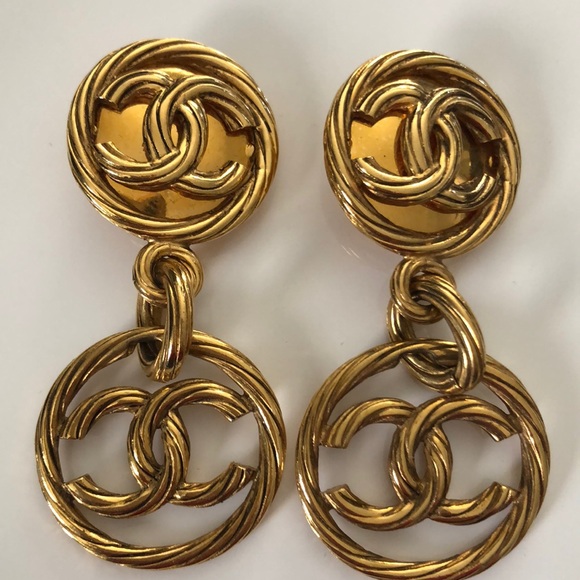 Chanel Vintage Gold CC Logo Drop Earrings, 1995 Available For